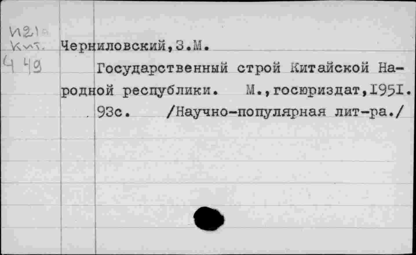 ﻿И 2И
Черниловский,З.М.
Государственный строй Китайской Народной республики. М.,госюриздат,1951« . 93с. /Научно-популярная лит-ра./